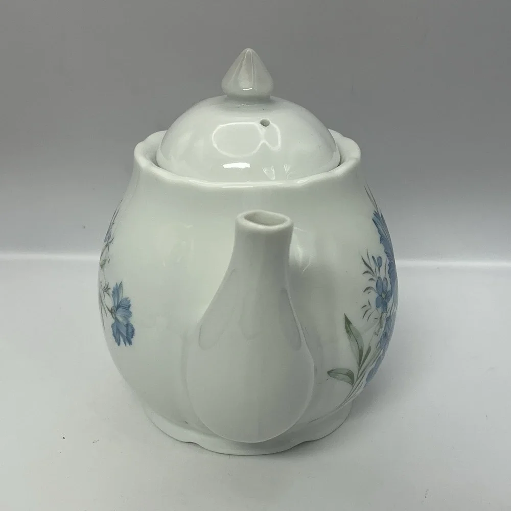 Vintage White Ceramic Teapot Blue Floral Cornflower Design Scalloped Rim